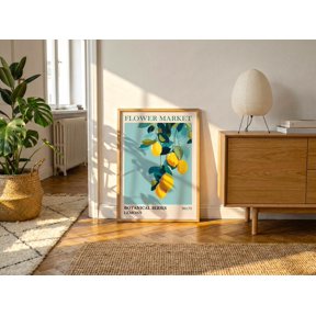 Lemon Branch Poster Retro Citrus Botanical Art Print, Mediterranean Fruit Wall Decor , Poster Print Only