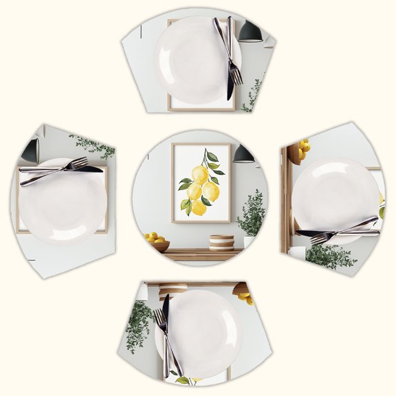 Lemon Branch Watercolor Art Print Round Table Placemats Set Of 5 Wedge Table Mats Washable Heat Resistant Place Mat For Dining Table Kitchen Farmhouse Restaurant