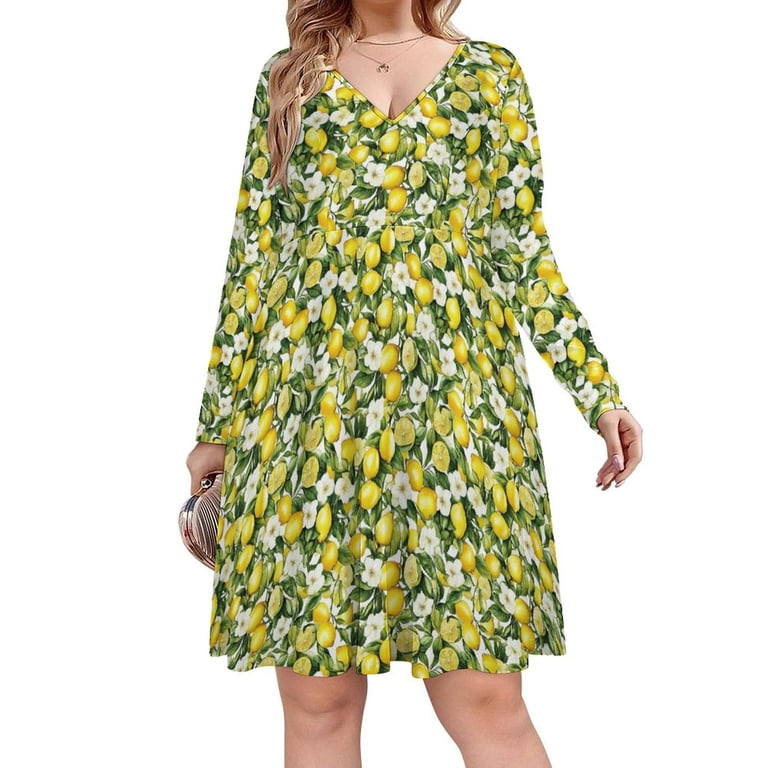 Lemon Branch With Leaves Flower Long Sleeve Dresses For Women Vintage  Elegant Party Dress Oversized V-neck Dress S-8XL - Walmart.com