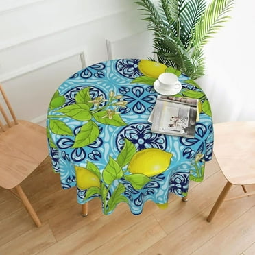 Lemon Branches On Italian Painted Tile~1 Round Tablecloth 60 Inch Washable Reusable Table Cover Wrinkle Stain-Resistant for Kitchen Dinning Party Holiday Picnic
