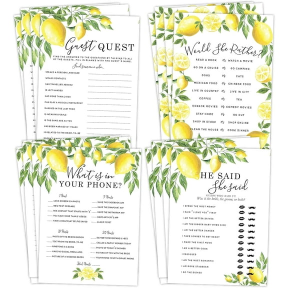 Lemon Floral Bridal Shower Bachelorette Games, 25 Games Each