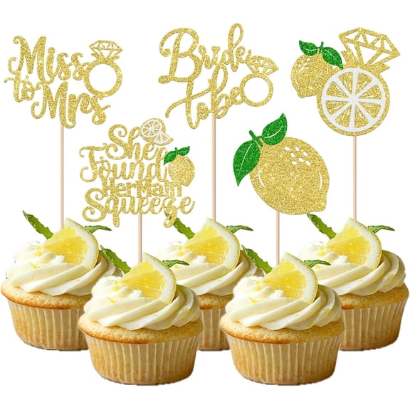 Lemon Bridal Shower Cupcake Toppers, Miss to Mrs, Bride to Be, She Found Her Main Squeeze, Gold Glitter, 12 Pack