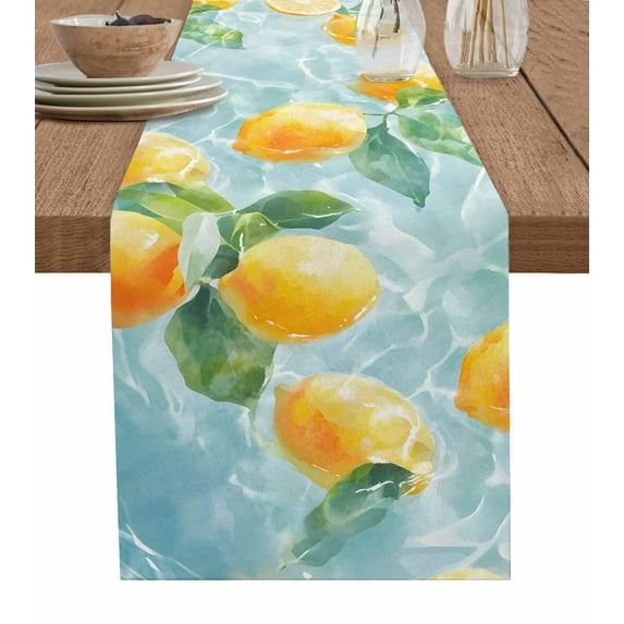 Lemon Burlap Cotton Table Runner 16x72 Inches Long, Yellow Fruit Watercolor Aqua Blue Lake Summer Farmhouse Table Runners, Outdoor Dining Tablecloths Decor for Baby Shower/Party/Wedding