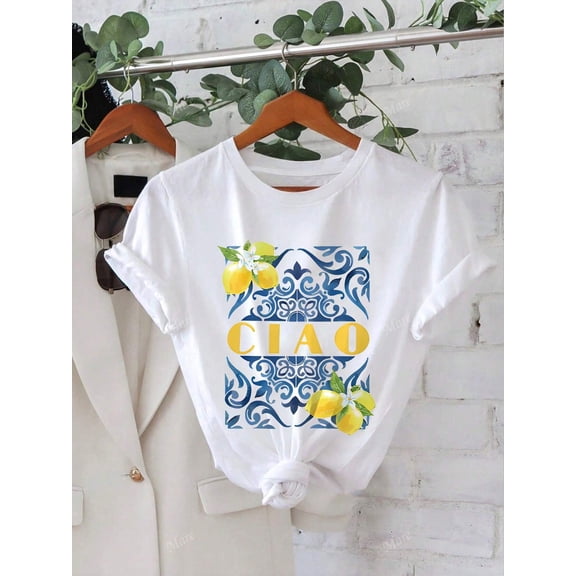 Lemon & “CIAO” Blue - Patterned White T - Shirt