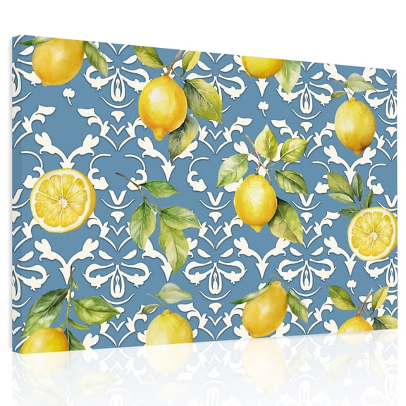 Lemon with Canvas Print Wall Art, Leaves Floral Pattern Blue Wall Decor Modern Artwork Paintings Pictures for Living Room Framed and Stretched Ready to Hang, 24" x 32"