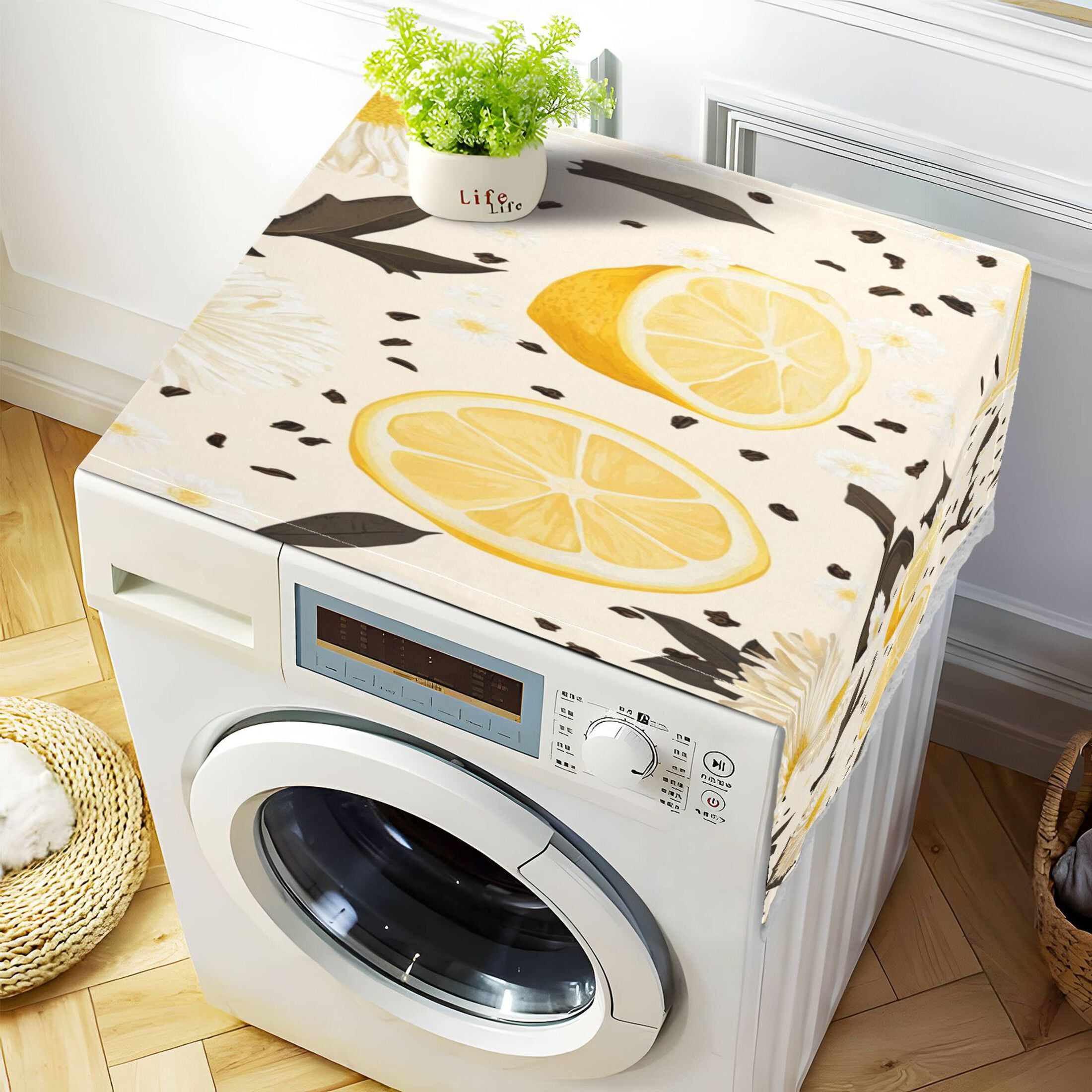 Lemon and Chamomile PatternWasher and Dryer Covers Dust-Proof and Oil Resistant Fridge Cover with 4 Storage Pockets Washing Machine Top Cover for Laundry Kitchen Home 51.2 x 22 In