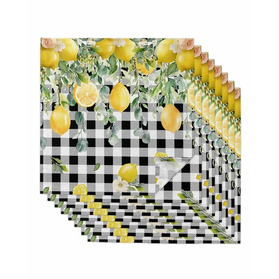 Lemon Check Cloth Napkins Set of 8 Reusable Dinner Napkins, Black Plaid Eucalyptus Farm Country Flower Cocktail Napkin Washable Table Napkins for Wedding/Holiday Party/Baby Shower 20"x20"