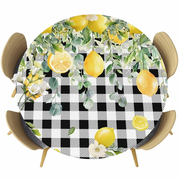 Lemon Check Round Tablecloth, Fitted Table Cover with Elastic for 36"-44" Round Tables, Black Plaid Eucalyptus Farm Country Flower Table Cloth Outdoor Indoor Dinning Party Waterproof Tablecloths