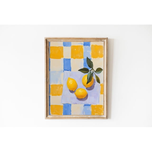 Lemon Checkerboard Minimalist Kitchen Home Wall Decoration, Stretched Canvas 16x20in