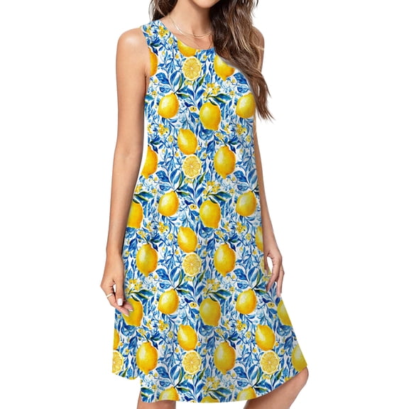 Lemon Chinoiserie Blue Casual Sleeveless Loose Sundress Dress For Women Summer Dress Daily Woman