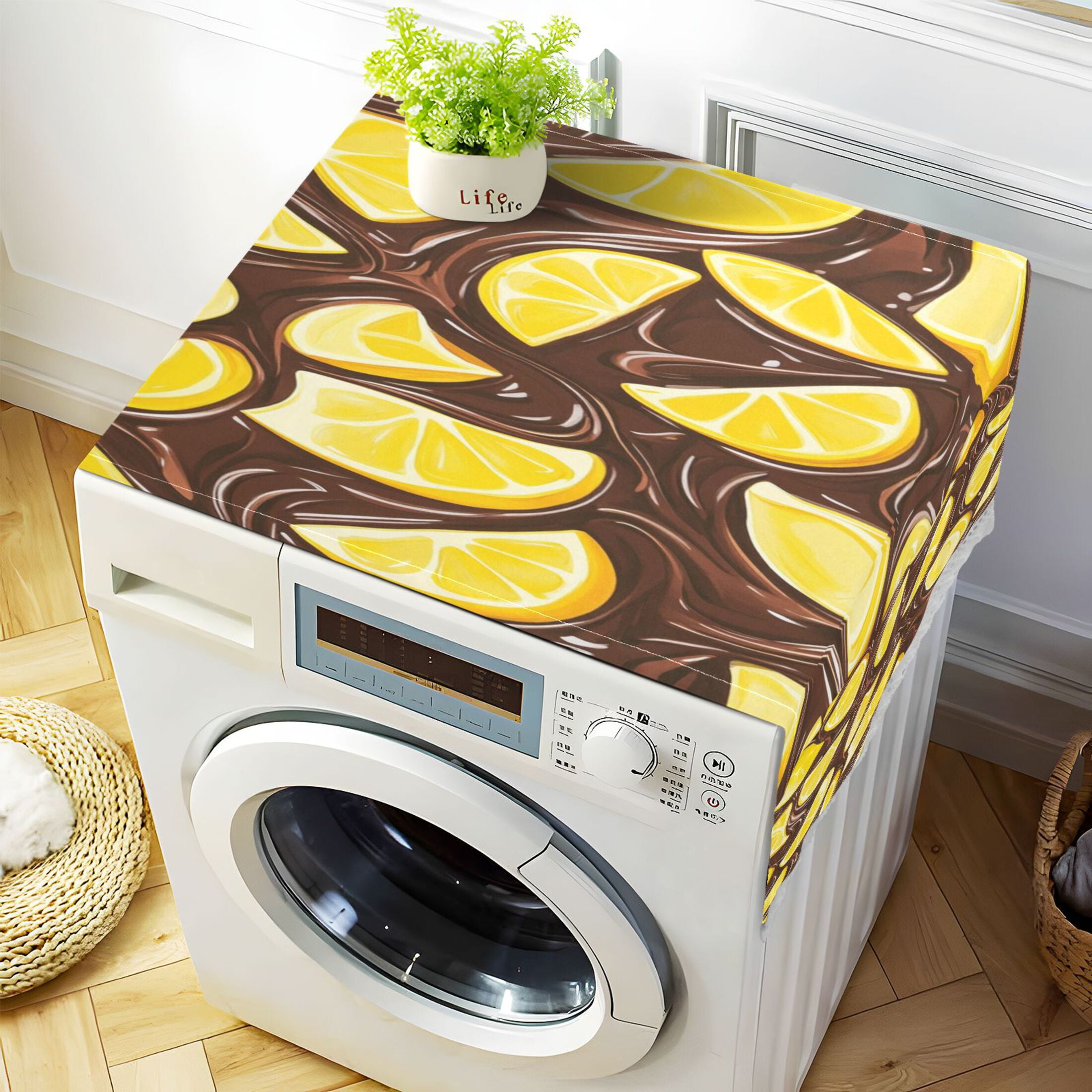 Lemon Chocolate PatternWasher and Dryer Covers Dust-Proof and Oil Resistant Fridge Cover with 4 Storage Pockets Washing Machine Top Cover for Laundry Kitchen Home 51.2 x 22 In