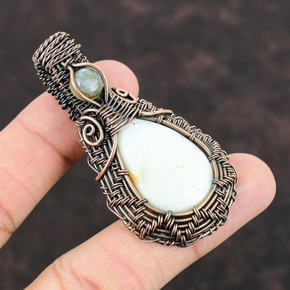 Lemon Chrysoprase Gemstone Wire Wrapped Pendant Copper Jewelry For Women 2.48"