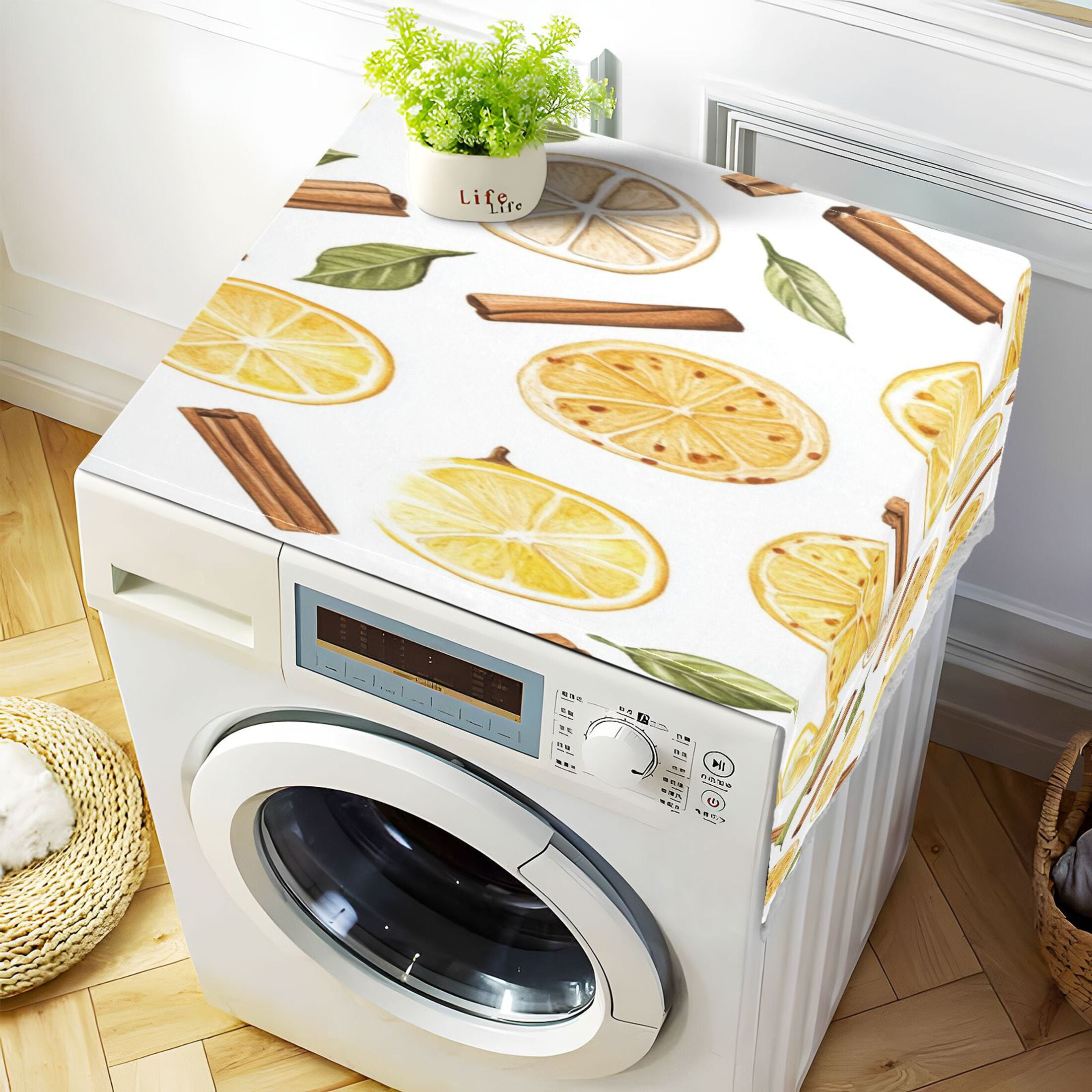 Lemon Cinnamon PatternWasher and Dryer Covers Dust-Proof and Oil Resistant Fridge Cover with 4 Storage Pockets Washing Machine Top Cover for Laundry Kitchen Home 51.2 x 22 In