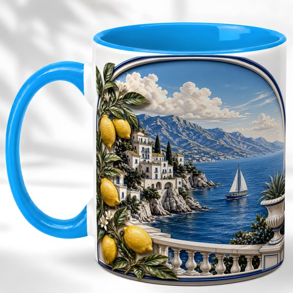 Lemon Coast Coffee Mug, Mediterranean Seaside Mug, Ceramic 11 oz