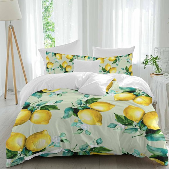 Lemon Comforter Set Full Size, Oil Painting Country Lemon Leaf Light Green Soft Bedding Set for Man Woman, 4 Pieces Duvet Cover Set with Fitted Sheet, 2 Pillowcases