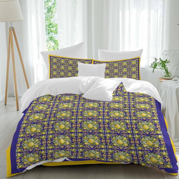Lemon Comforter Set Queen Size, Summer Lemon Floral Wreath Plaid Dark Blue Yellow Soft Bedding Set for Man Woman, 4 Pieces Duvet Cover Set with Fitted Sheet, 2 Pillowcases