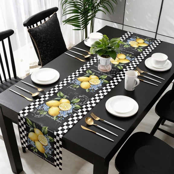 Lemon Cotton Linen Table Runner 13 x 90 inch Spring Summer Black White Checkered Plaid Non-slip Rectangular Dining Table Decor for Wedding Party Holiday Dinner