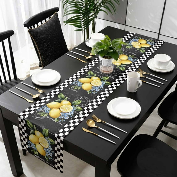 Lemon Cotton Linen Table Runner 18 x 72 inch Spring Summer Black White Checkered Plaid Non-slip Rectangular Dining Table Decor for Wedding Party Holiday Dinner