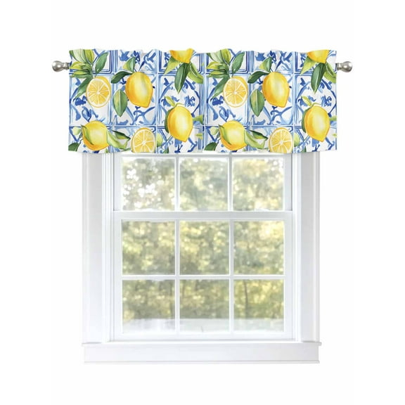 Lemon Curtain Valances for Windows, Blue Geometric Tiles Pattern Window Valances, Window Treatment Rod Pocket Valance Curtains for Living Room/Kitchen/Bedroom/Bathroom, 54x18inch