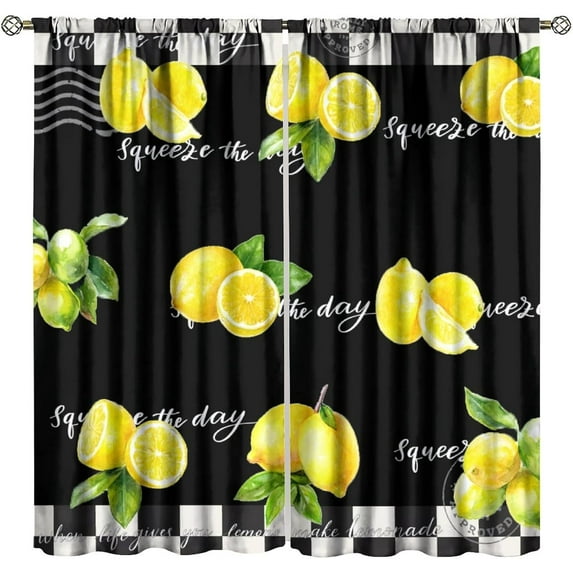 Lemon Curtain, Vintage Black White Buffalo Plaid Rustic Fruit Words Stamp Lattice Art Window Drapes for Living Room Bedroom Kitchen 42" W X 63" L
