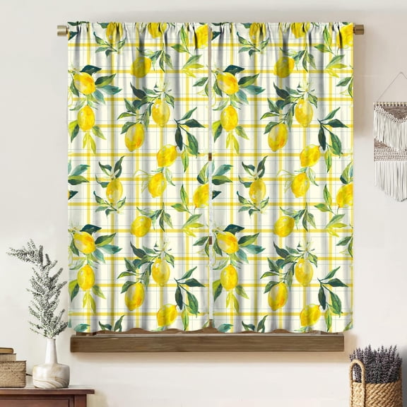 Lemon Curtains, Yellow Grid Stripe Lemon Pattern Textured Rustic Bohemian Print Blackout Rod Pocket Window Treatments Drapes for Bedroom Living Room Kitchen 72" W X 63" L