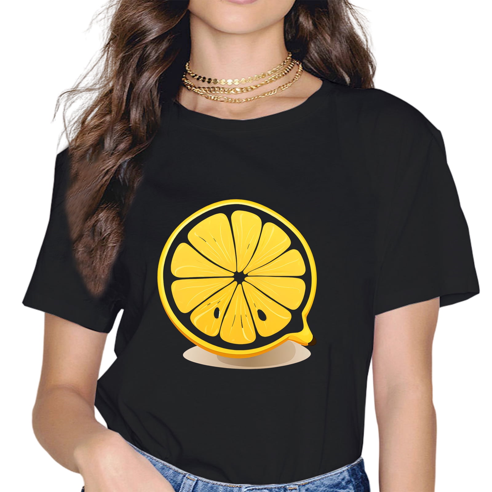 Lemon Cut Print Crew Neck Casual TShirt