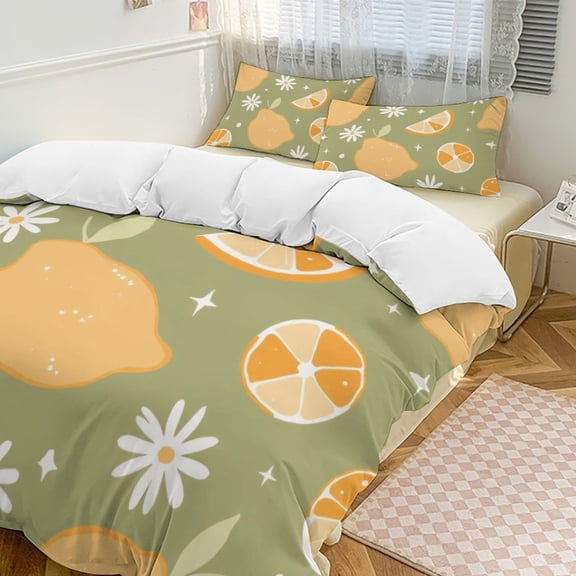 Lemon Daisy Print Fabric Duvet Cover Set Themed Multicolor Polyester Bedding Set for Bedroom Decoration