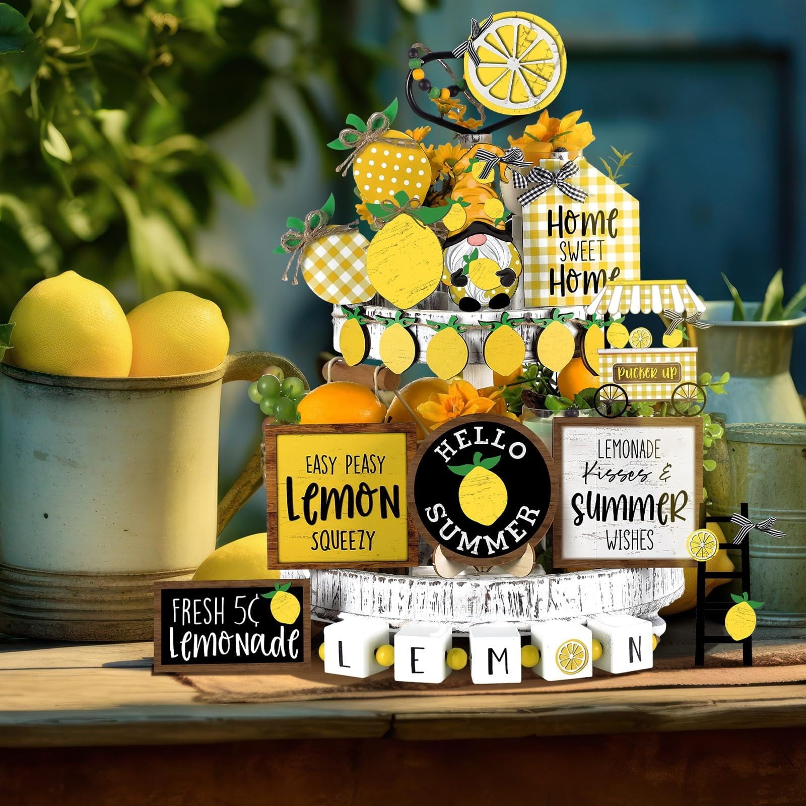 Yalikop 11-Piece Lemon Tiered Tray Decor Set - Wooden Signs, Gnome, & Blocks For Summer Kitchen Table (Peach Style) - View #9