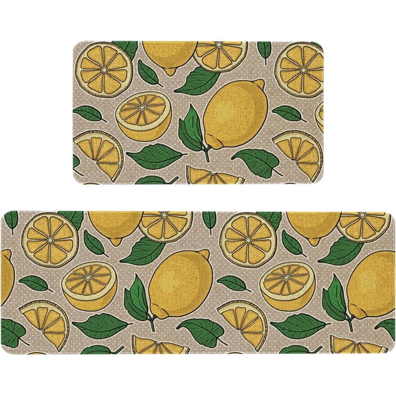 Lemon Decorative Kitchen Mats Set of 2, Anti Fatigue Waterproof Stain Resistant Floor Rug Non Slip Laundry Room Rug Cushioned Floor Mat - 17x29 and 17x47 Inch