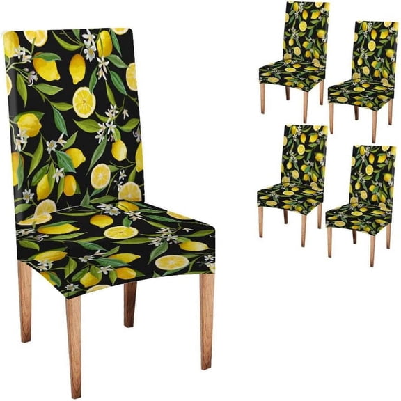 Lemon Dining Room Chair Covers Set of 4 Seamless Floral Pattern Lemon Fruits Background Parson Chair Slipcover Removable Washable Chair Protector