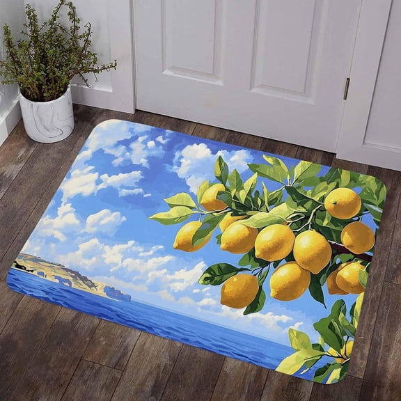 Lemon Door Mat 16" x 24" Indoor Outdoor Low Profile Welcome Rug With Non Slip Rubber Back, Summer Coastal Blue Sky Ocean Design For Entryway Garden Patio
