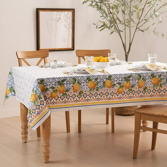 Lemon Double-Bordered Mediterranean Spring/Summer Fabric Tablecloth, Rectangle, 60 inches X 144 inches