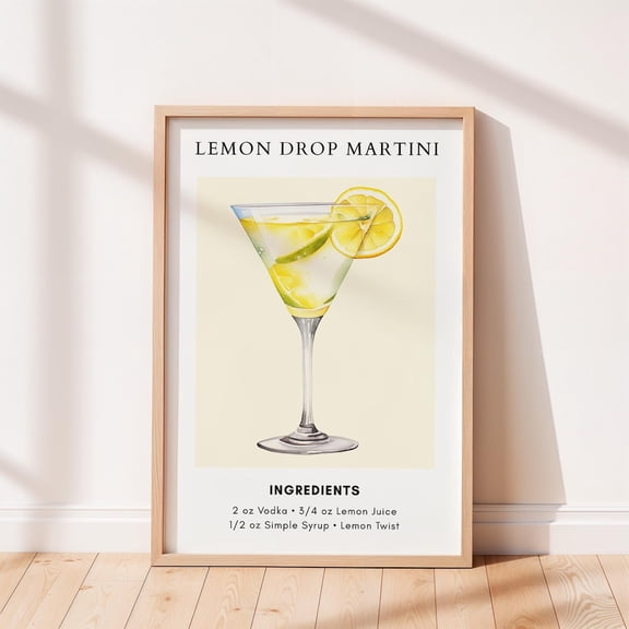 Lemon Drop Martini Cocktail Recipe Art Poster, Bar Cart Decor, Cocktail Poster, Kitchen Home Decor, Party Wall Poster, Trendy Home Decor, Unframed Poster Size 8x12