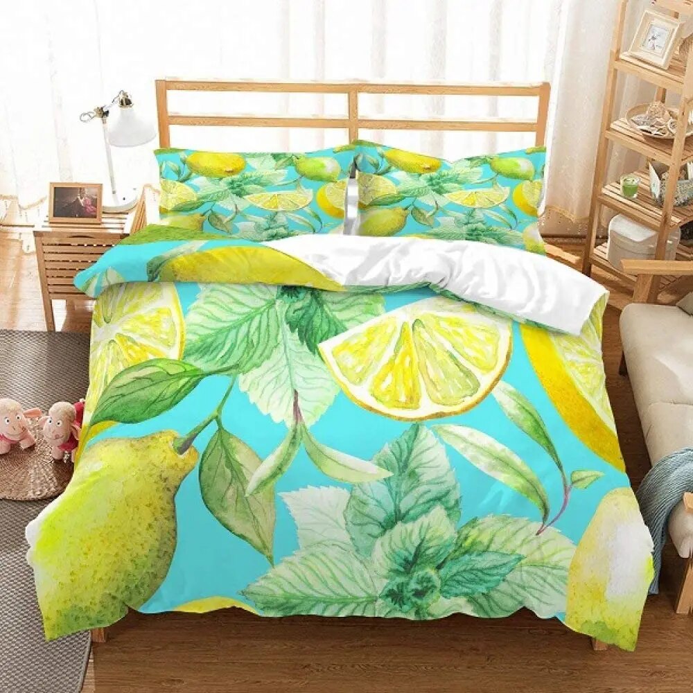 Lemon Duvet Cover Set Fresh Fruits Pattern Polyester Comforter Cover