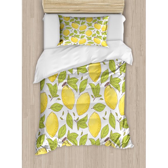 Lemon Duvet Cover Set, Lemonade Fruit and Leaves Doodle Fresh Along Citrus on a Muted Tone Backdrop, Decorative 2 Piece Bedding Set with 1 Pillow Shams, Twin Size, Green and Mustard, by Ambesonne