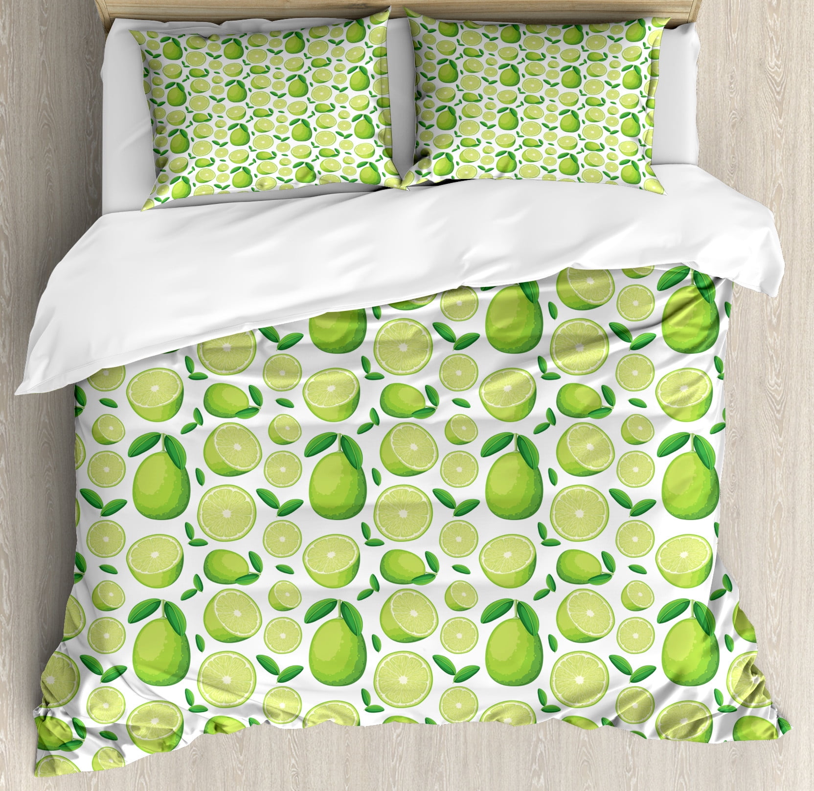 Lemon Duvet Cover Set, Monochrome Style Scene of Sliced and Whole Limes