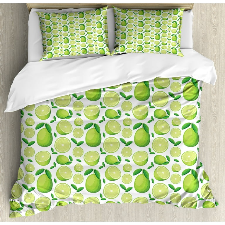 Lemon Duvet Cover Set, Monochrome Style Scene of Sliced and Whole Limes Juicy Sour Organic Food Theme, Decorative 3 Piece Bedding Set with 2 Pillow
