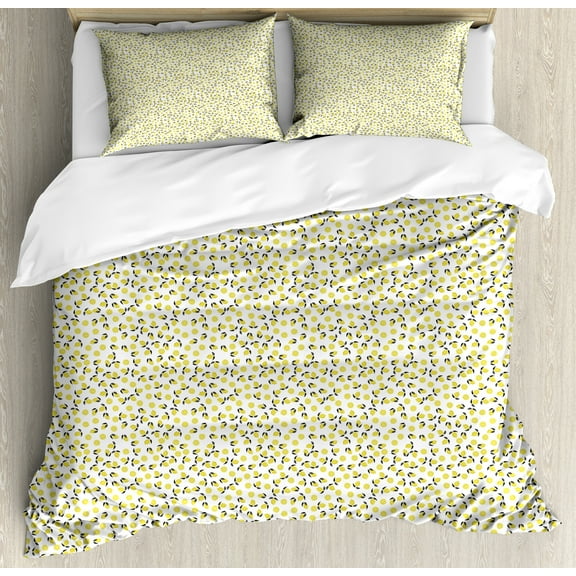 Lemon Duvet Cover Set, Rhythmic Citrus with Blossom Leaves Sliced Vitamin C Healthy Print, Decorative 3 Piece Bedding Set with 2 Pillow Shams, Queen Size, Earth Yellow Grey, by Ambesonne