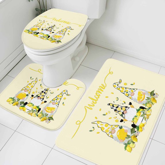 Lemon Dwarf Bathroom Rugs Set Welcome Green Leaf Summer Yellow Background Non Slip Absorbent Soft Bath Mats 3 Piece Set with Bathroom Rug, U-Shaped Floor Mat, Toilet Seat Cover Large Size