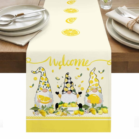 Lemon Dwarf Cotton Linen Table Runner Welcome Green Leaf Summer Yellow Background Dining Table Runners for Home Decor Party Dining Room Restaurant Kitchen Party 13" x 36"