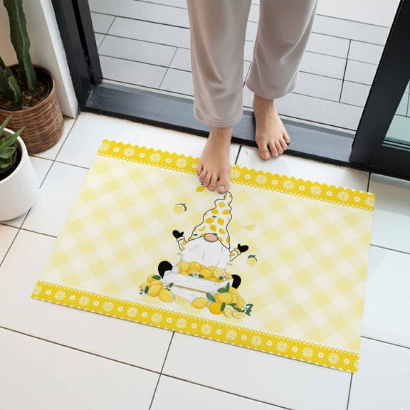 Lemon Dwarfs Indoor Door Mat 16x24 Inch Yellow Plaid Flower Summer Fruit Farm Plant Front Door Mat Non Slip Washable Entryway Rug Low Profile Dirt Trapper Doormat for Bathroom Kitchen Bedroom
