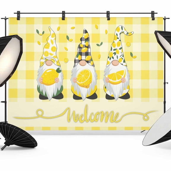 Lemon Dwarfs Photography Backdrop 7x5FT, Gnome Green Leaf Yellow Plaid Welcome Photo Backdrops, Background for Photography Studio Photo Studio Background, Back Drop for Photoshoot