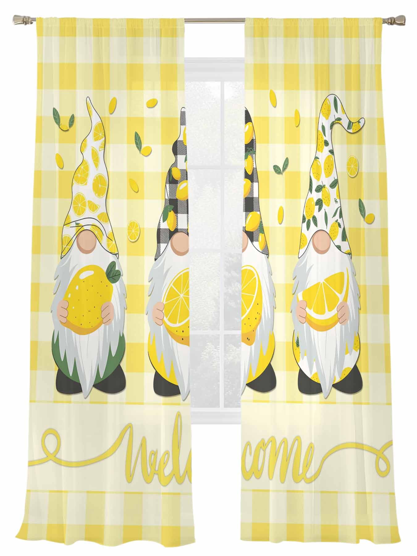 Lemon Dwarfs Sheer Curtains 2 Panels Set Gnome Green Leaf Yellow Plaid ...