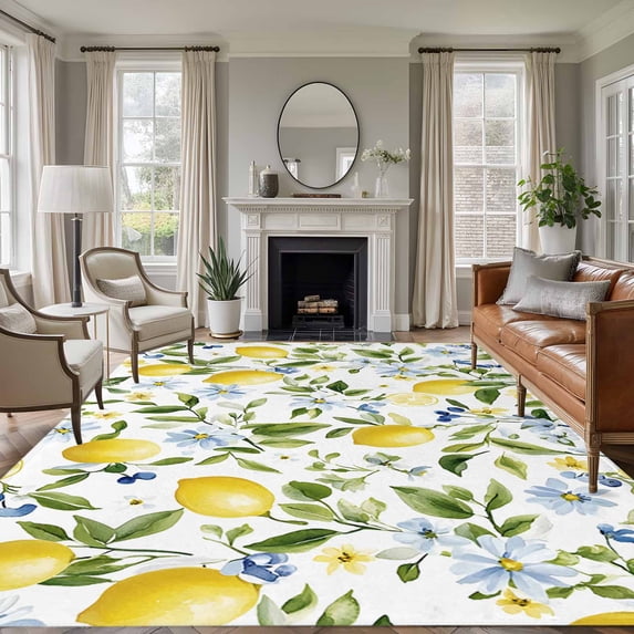 Lemon Eucalyptus Area Rug 6x9 FT, Non Slip Living Room Throw Carpet, Farm Country Leaf Plant Floral Fruit Washable Soft Large Floor Carpet Non-Shedding Rug for Bedroom Dining Room Play Room