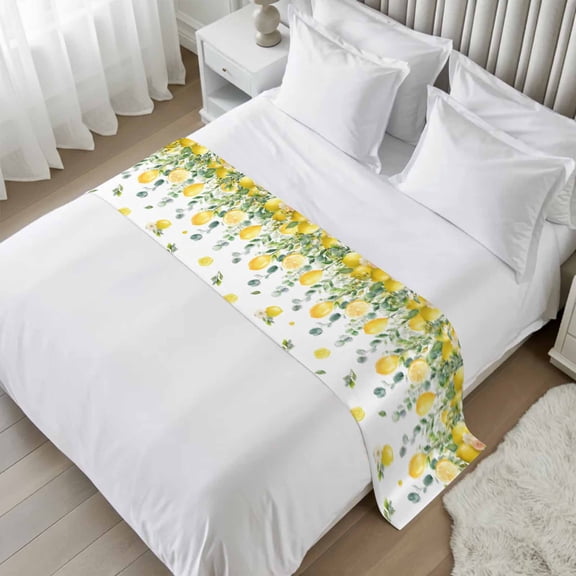 Lemon Eucalyptus Bed Runner, Satin Bed Throw Runner for Full Size Beds, Farm Flower Fruit Country Boho Summer Decorative Bedding Scarf for Nightstand Bedroom Hotel Wedding Room Guestrooms 83"x20"