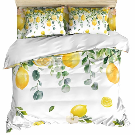 Lemon Eucalyptus Duvet Cover Set, Farm Flower Fruit Country Boho Summer Soft Duvet Cover Queen Size Bedding Set 4 Pieces, 1 Quiltcover and 2 Pillowcases with Zipper, 1 Bed Sheet for All Seasons