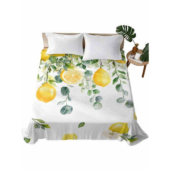 Lemon Eucalyptus Flat Sheet Only Twin Size, Soft Breathable Bed Top Sheets for Mattress, Farm Flower Fruit Country Boho Summer Luxury Bedding Flat Sheets for Home Hotel Bedroom Bed Protection