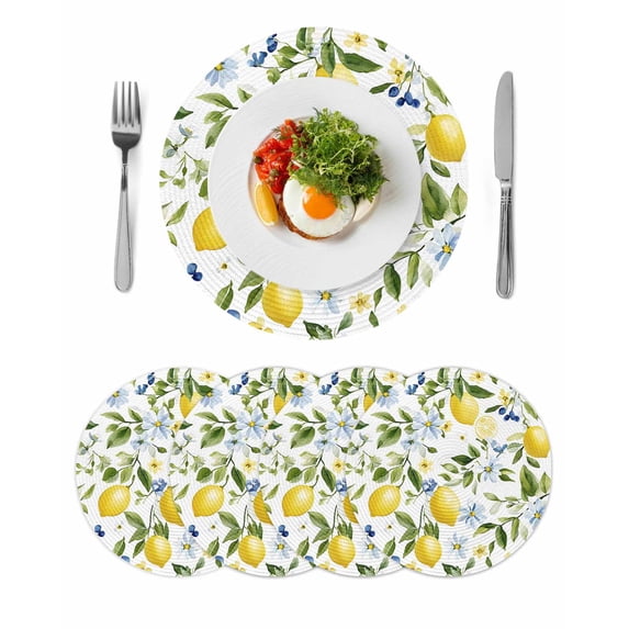 Lemon Eucalyptus Round Placemats Set of 4 for Dinning Tables,Heat-proof Braided Table Mats 15 Inch,Farm Country Leaf Plant Floral Fruit Washable Place Mat for Kitchen Restaurant Party Table Decor