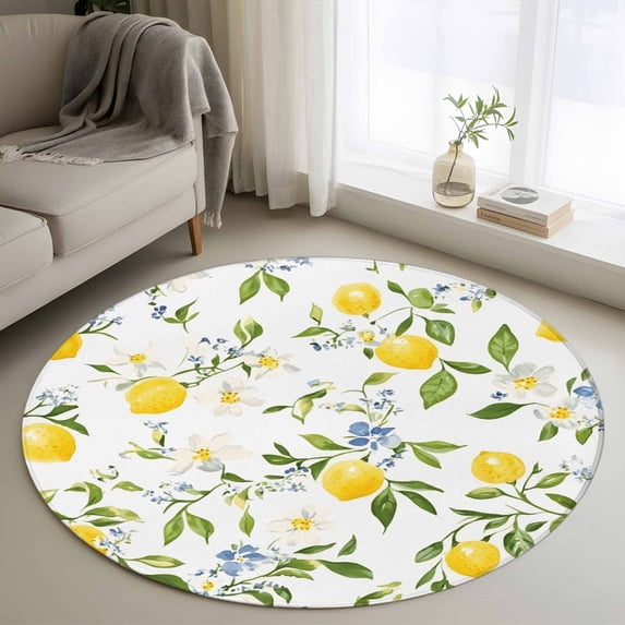 Lemon Eucalyptus Round Rugs for Living Room 3ft Wildflowers Farm Country Fruit Leaf Plant Non Slip Circle Rug Washable Low-Profile Indoor Carpet for Bedroom, Dining Room, Bathroom