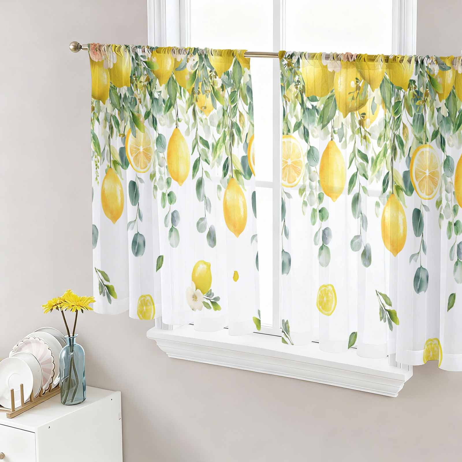 Lemon Eucalyptus Semi Sheer Curtains 45 Inch Length 2 Panels Set, Farm ...